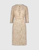 Beige 3/4 Sleeve Beaded Trim Patch Pocket Tweed Midi Dress